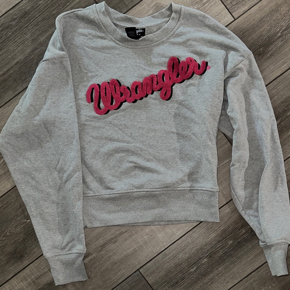 Wrangler Gray Crewneck Sweatshirt with Pink Script Logo